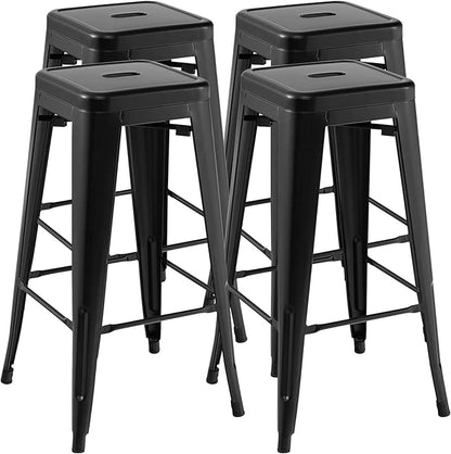 COSTWAY Bar Stools Set of 4, 30” Bar Height Metal Stools with Rubber Footpads & Handling Hole, X-Shaped Reinforced Design, Stackable Stools, for Kitchen, Dining Room, Pub (Black, 30‘’)