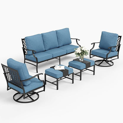 5 Piece Metal Outdoor Patio Furniture Set, Patio Conversation Sets 1 3-seater Sofa, 2 Swivel Chairs, 2 Ottomans with 5.75" Thick Cushion, Black All-weather Backyard Furniture Set, Navy