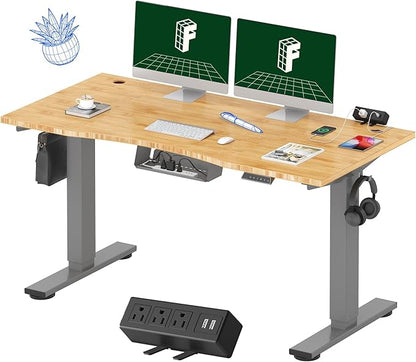 FLEXISPOT EN2 Whole-Piece Bamboo Standing Desk with Clamp Power Strip, 55 x 28 Electric Stand Up Height Adjustable Desk with Cable Management (Grey Frame + 55" Bamboo Top, 2 Packages)