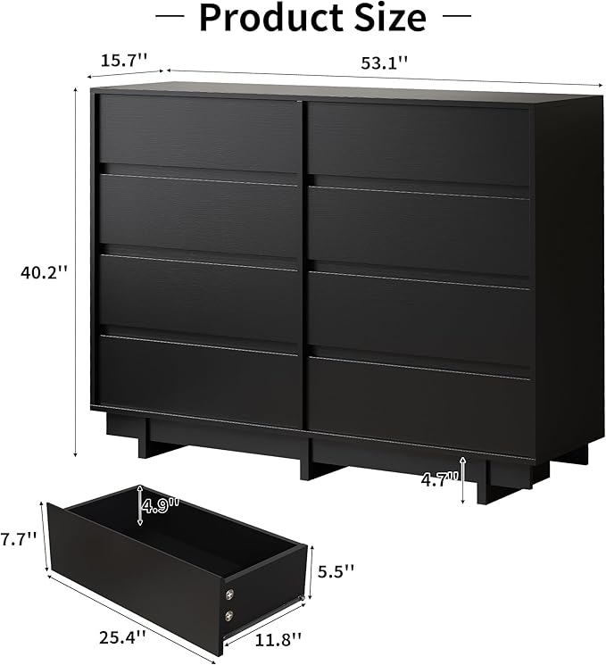 Black Dresser for Bedroom, 53.1" Wide 8 Drawer Dresser, Mid Century Modern Dressers Chest of Drawers, Wooden Large Dressers for Bedroom, Closet