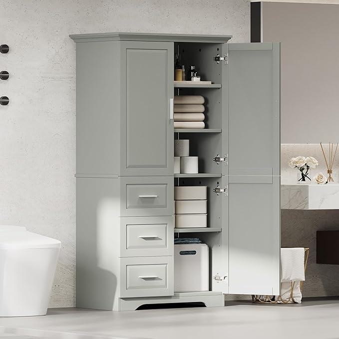 Merax 62.2" Wide Storage Cabinet Pantry Cupboard with Doors and Drawers for Home Kitchen, Bathroom and Living Room, Adjustable Shelf, White