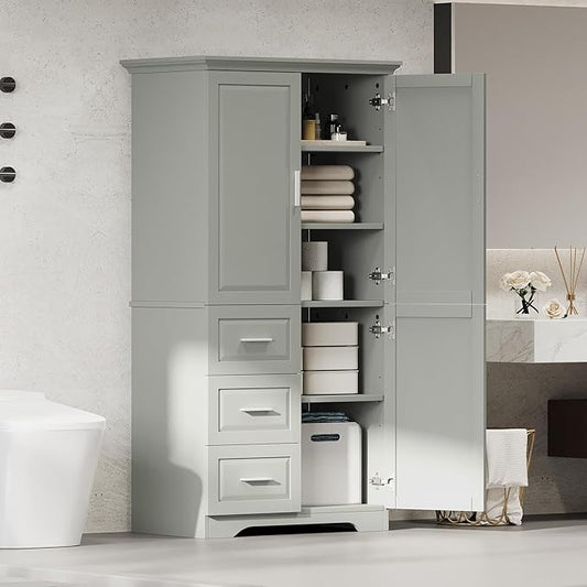 Merax 62.2" Wide Storage Cabinet Pantry Cupboard with Doors and Drawers for Home Kitchen, Bathroom and Living Room, Adjustable Shelf, White