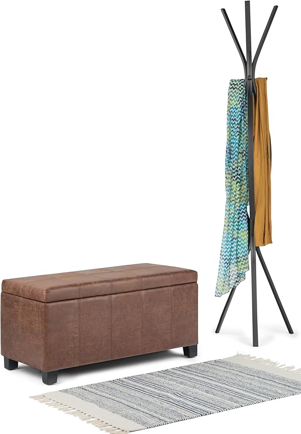 SIMPLIHOME Dover 36 inch Wide Contemporary Rectangle Storage Ottoman Bench in Distressed Umber Brown Vegan Faux Leather, Assembled, For the Living Room, Entryway and Family Room