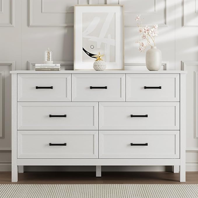 LYNSOM Farmhouse 7 Drawers Dresser for Bedroom, Wood Rustic Wide Chest of Drawers with Deep Drawers, Metal Handle, Storage Dressers Organizer for Hallway