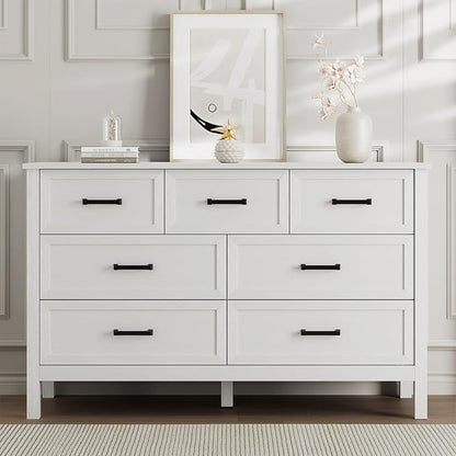 LYNSOM Farmhouse 7 Drawers Dresser for Bedroom, Wood Rustic Wide Chest of Drawers with Deep Drawers, Metal Handle, Storage Dressers Organizer for Hallway