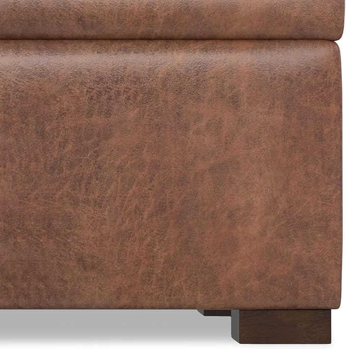 SIMPLIHOME Gabbie 48 inch Wide Contemporary Rectangle Rectangular Storage Ottoman in Distressed Saddle Brown Vegan Faux Leather, Assembled, for The Living Room, Entryway and Family Room