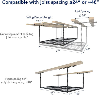 FLEXIMOUNTS 4x6 Overhead Garage Storage Adjustable Ceiling Rack 72" Length x 48" Width x 40" Height, 450lbs Weight Capacity, Black, Classic Series