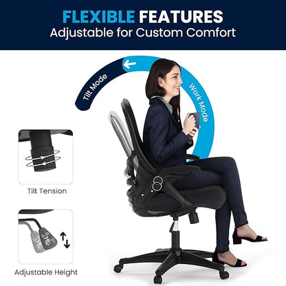Flash Furniture Porter High-Back Swivel Office Chair with Adjustable Lumbar Support and Seat Height, Ergonomic Mesh Desk Chair with Flip-Up Armrests, Black