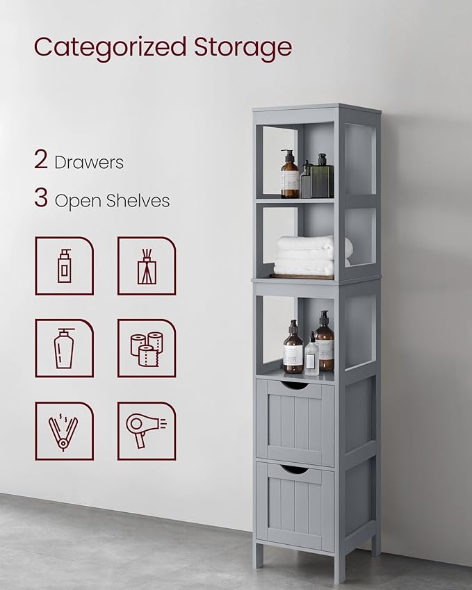 VASAGLE Bathroom Floor Cabinet, Bathroom Storage Organizer Rack Stand, Multifunctional Corner Unit, 2 Drawers, 55.7 Inches in Height, Dove Grey UBBC066G02