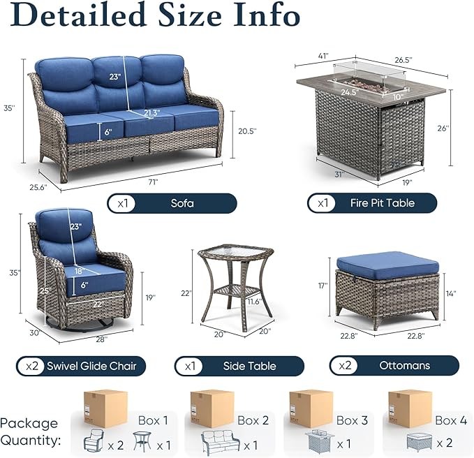 Belord Luxury 6" Thick Cushioned 7 Pieces Patio Furniture Set with Fire Pit Table, Wicker Outdoor Conversation Set with High Back Swivel Rocker Chairs for Deck Porch Yard and Poolside - Grey+Blue