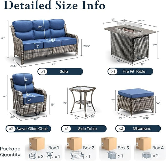 Belord Luxury 6" Thick Cushioned 7 Pieces Patio Furniture Set with Fire Pit Table, Wicker Outdoor Conversation Set with High Back Swivel Rocker Chairs for Deck Porch Yard and Poolside - Grey+Blue