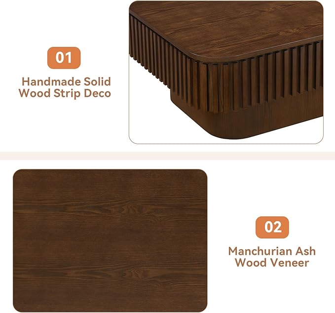Lift Top Coffee Table for Living Room, Fluted Coffee Tables with Storage, Solid Wood Veneered Modern Accent Tea Center Table for Small Space Apartment (Walnut-38.6''D×26.8''H)