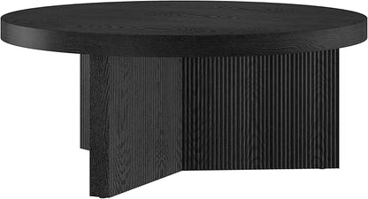 Henn&Hart 36" Fluted Round Low-Profile Coffee Table with Ribbed Pedestal Base for Living Room, Family Room, or Office, Black Grain