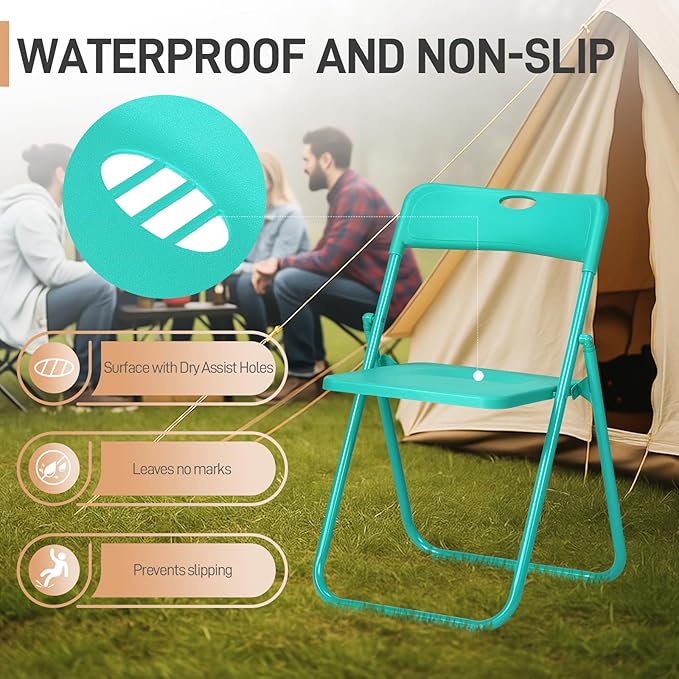 Karl home 6 Pcs Folding Chair, 300LBS Lightweight Foldable Plastic Chair, Reinforced Metal Frame Easy to Fold & Store for Indoor & Outdoor, Wedding, Party, Meeting Room, Patio and Garden, Mint Green