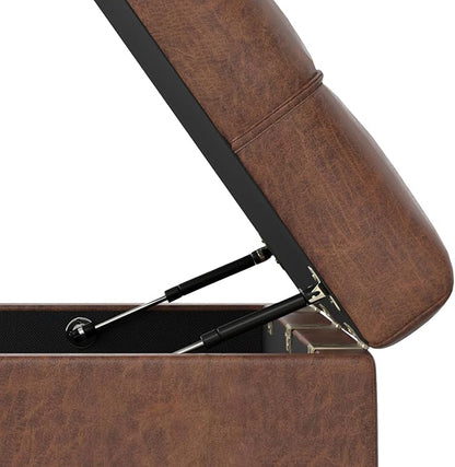 SIMPLIHOME Mariah 34 inch Wide Contemporary Rectangle Coffee Table Storage Ottoman in Distressed Saddle Brown Vegan Faux Leather, Assembled, For the Living Room, Entryway and Family Room