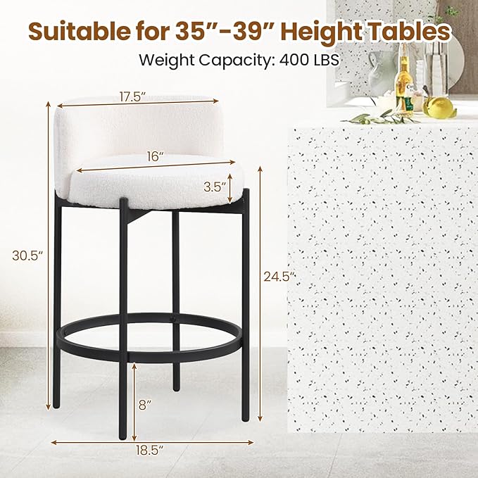 COSTWAY Counter Height Bar Stools Set of 4, 24.5 Inch Boucle Modern Barstools w/Curved Backrest, Metal Frame, Comfy Footrest, Upholstered Island Chairs for Dining Room, Kitchen, Cafe, 400 LBS Max Load