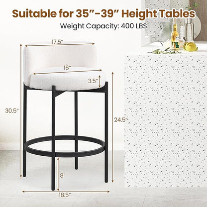 COSTWAY Counter Height Bar Stools Set of 4, 24.5 Inch Boucle Modern Barstools w/Curved Backrest, Metal Frame, Comfy Footrest, Upholstered Island Chairs for Dining Room, Kitchen, Cafe, 400 LBS Max Load