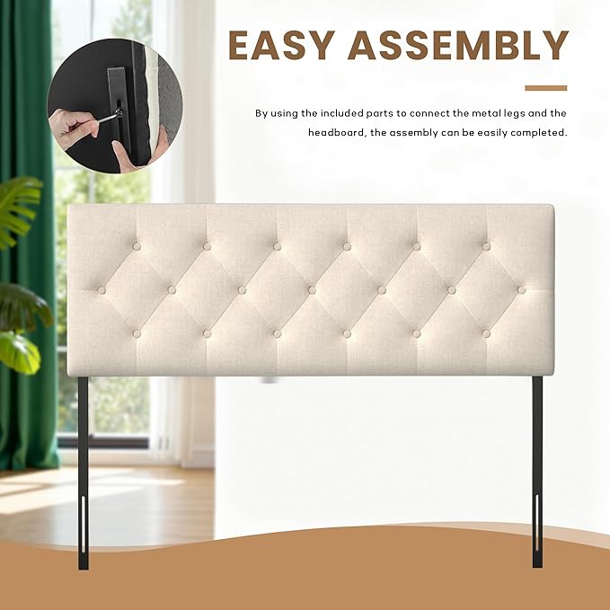 Tufted Upholstered Headboard Queen Size, Solid Wood Head Board with Durable Metal Legs, Linen Fabric Padded Headboard, Adjustable Height from 37” to 51”, Modern Button Design Head Board, Beige