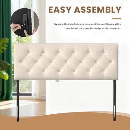 Tufted Upholstered Headboard Queen Size, Solid Wood Head Board with Durable Metal Legs, Linen Fabric Padded Headboard, Adjustable Height from 37” to 51”, Modern Button Design Head Board, Beige