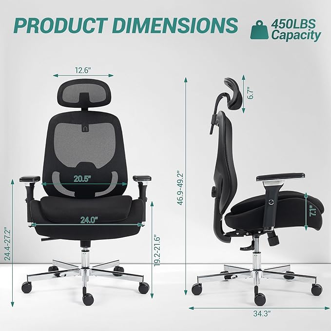 450 LBS Big and Tall Office Chair, Heavy Duty Executive Chair w/4D Arms, Ergonomic Computer Home Desk Chair, Swivel Mesh Chair w/2D Lumbar Support, Adjustable Headrest, Tilt Lock-Black
