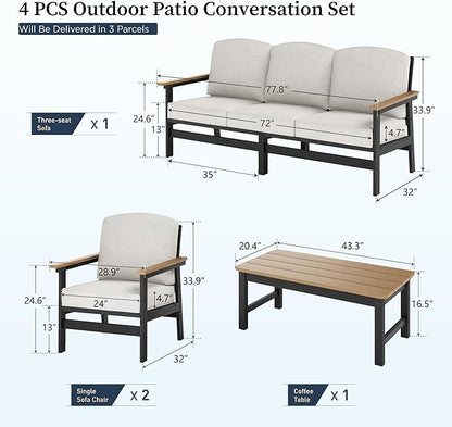 HDPE Outdoor Patio Furniture 4-Piece Set, All Weather Modern Patio Conversation Sets with Wood-grain Extended Table, Outdoor Patio Couch Set, Black Frame with Beige 4.7" Thick Cushions
