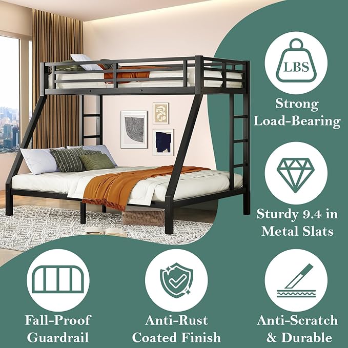 Bunk Beds Twin XL Over Queen, Heavy Duty Bunk Beds with Bottom Space & Guardrail Metal Bunk Bed Frame for Adults Teens Dorm Bedroom Guest Room, No Box Spring Needed（Black）