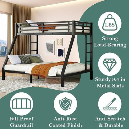 Bunk Beds Twin XL Over Queen, Heavy Duty Bunk Beds with Bottom Space & Guardrail Metal Bunk Bed Frame for Adults Teens Dorm Bedroom Guest Room, No Box Spring Needed（Black）