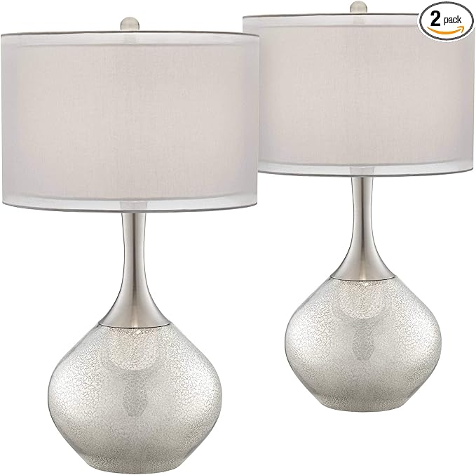 Possini Euro Design Swift Mid Century Modern Table Lamps 30.5" Tall Set of 2 Mercury Glass Chrome Double Sheer Drum Shade Decor Living Room Bedroom House Bedside Nightstand Home Office Entryway