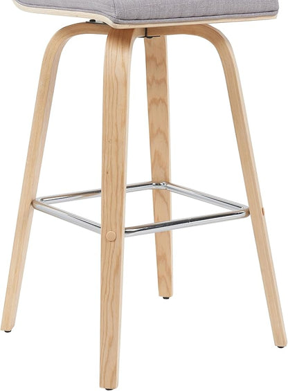 Armen Living Vienna Modern Swivel 30" Bar Height Barstool with Gray Fabric Upholstered Seat and Patterned Oak Wood Finish