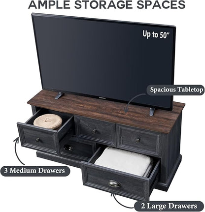 Farmhouse 5 Drawers Dresser for Bedroom, 45" Wide Chest of Drawers, 21" Tall Storage Closet Bench Storage Chest Storage Trunk, Wood Rustic Dresser for Closet, Living Room, Hallway, Dark Grey