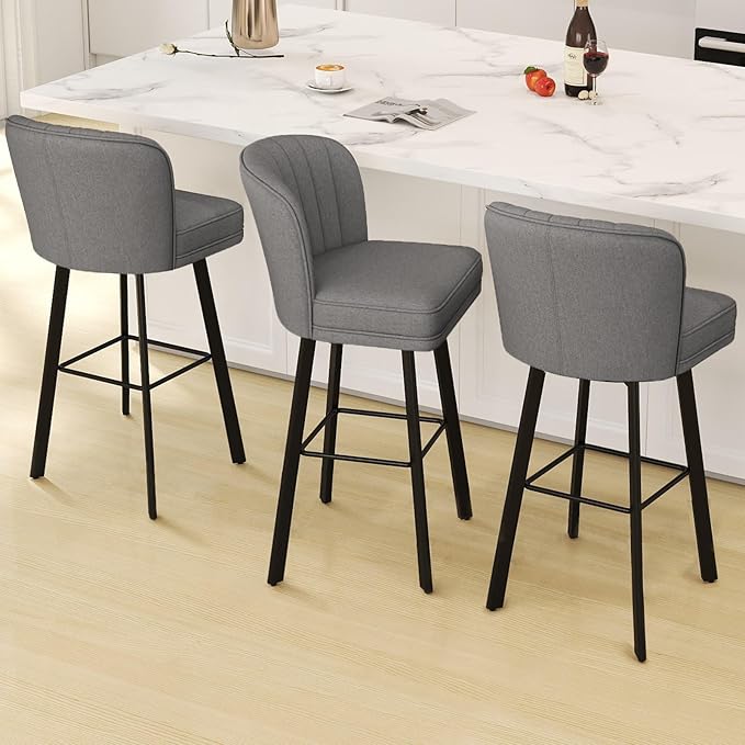 Swivel Counter Height Bar Stools Set of 3, 30'' Modern Barstools with Backs and Metal Legs, Upholstered Bar Chairs,Mid-Gray,Fabric Stools for Kitchen Island Chairs