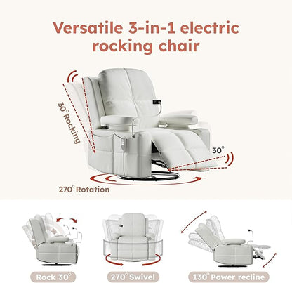 Triple Motor Power Swivel Rocker Recliner Chair with Adjustable Armrests for Adults Elderly, FSC Certified Faux Leather Rocking Chair Nursery for Breastfeeding(White)