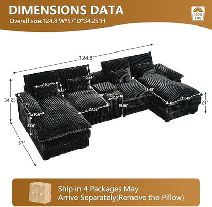 HYJT-H&K 124" U Shaped Cloud Couch Sectional, Comfy Plush Fluffy Corduroy Dark Grey Sectional Couches for Living Room, Modern Modular Corduroy Couch Sectionals with Central Console & Double Chaise