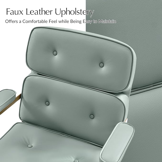 HULALA HOME Faux Leather Office Desk Chair with Golden Metal Legs, Comfy Upholstered Computer Chair with Tufted Backrest & Thick-Cushion Padded Armrest, Height Adjustable and 360°Swivel, Sage