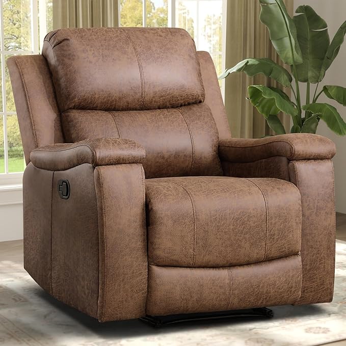 Leather Recliner Chair, Manual Recliner Chair for Adults with Overstuffed Arms and Back, Single Sofa Recliner with Cup Holders for Living Room (1, Nut Brown)