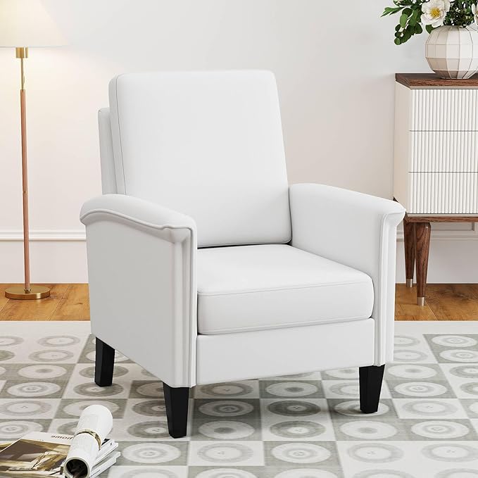 GOFLAME Modern Accent Chair, Comfy Upholstered Armchair with Rubber Wood Legs and Thick Padded Cushion, High Back Single Sofa Chair, Reading Side Chair for Living Room, Bedroom, White