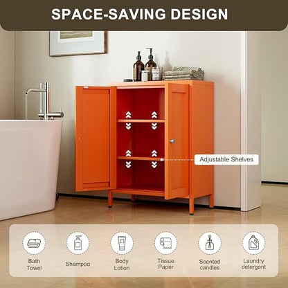 Small Bathroom Storage Cabinet, Metal Sideboard with 2 Doors and 2 Adjustable Shelves, Orange Floor Locker Cabinet 12" Shallow Storage Lockers for Bathroom, Living Room, Hallway, Entryway