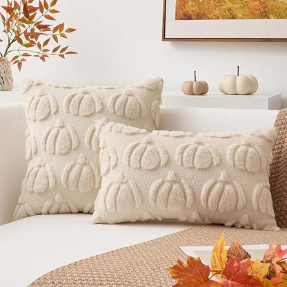 Kevin Textile Fall Pillow Covers 16x16 Inch Set of 2 Soft Pumpkins Decorative Square Pillowcases Plush Autumn Faux Fur Cushions Harvest Gift for Couch Sofa Chair Bedroom Home Decor, Beige