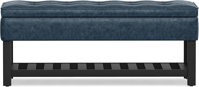 SIMPLIHOME Cosmopolitan 44 inch Wide Transitional Rectangle Storage Ottoman Bench with Open Bottom in Denim Blue Vegan Faux Leather, Assembled for the Living Room and Bedroom