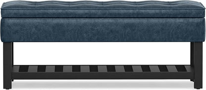 SIMPLIHOME Cosmopolitan 44 inch Wide Transitional Rectangle Storage Ottoman Bench with Open Bottom in Denim Blue Vegan Faux Leather, Assembled for the Living Room and Bedroom