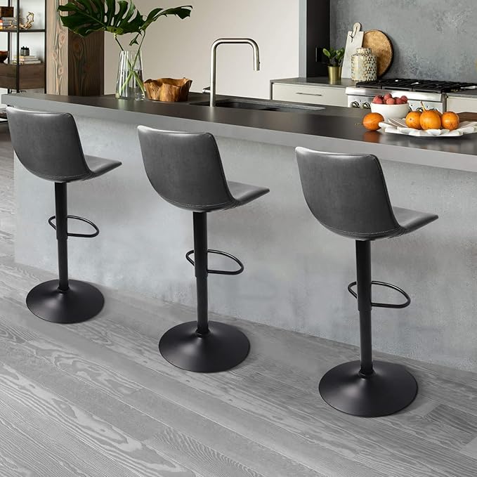 LEMBERI Bar Stools Set of 2, Modern Adjustable Swivel Barstools Counter Height with Backrest, Faux Leather Upholstered Bar Chairs for Kitchen Island, Grey