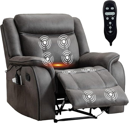 Massage Recliner Chair with Heated, Faux Leather Recliner Chairs for Adults, 39" Wide Manual Reclining Ergonomic Lounge Chair for Living Room with Overstuffed Backrest, Side Pocket, Grey