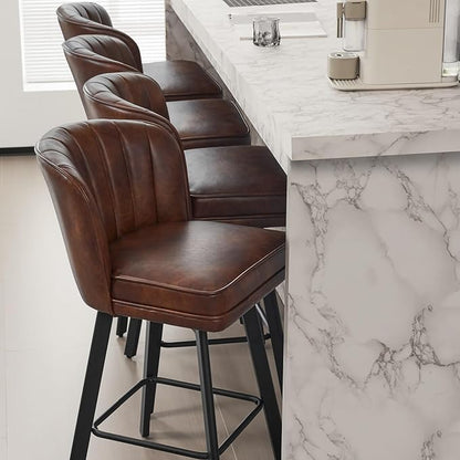 Swivel Counter Height Bar Stools Set of 3, 30'' Modern Barstools with Backs and Metal Legs, Upholstered Bar Chairs, Faux Leather Brown Stools for Kitchen Island Chairs
