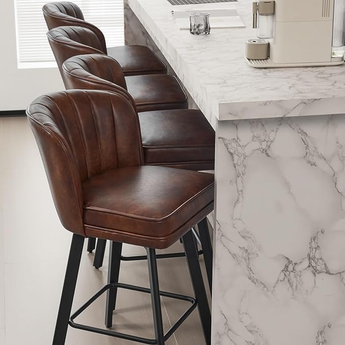 Swivel Counter Height Bar Stools Set of 4, 30'' Modern Barstools with Backs and Metal Legs, Upholstered Bar Chairs, Faux Leather Brown Stools for Kitchen Island Chairs