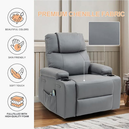 Power Lift Recliner Chair for Elderly, Electric Stand Assist Reclining Chair with Massage and Heat Function, Leather Living Room Furniture, Comfy Single Sofa with Cup Holders, Side Pockets, Gray