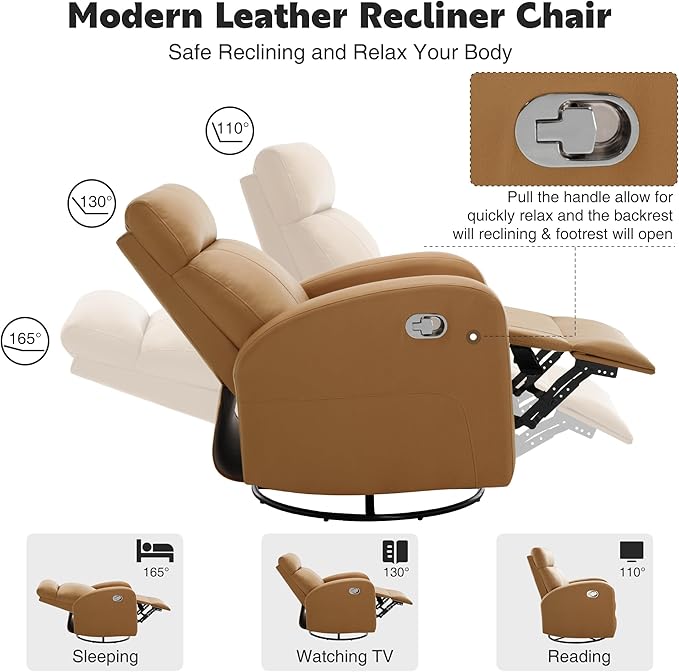 Swivel Rocker Recliner Chair, Manual Leather Recliner, Glider Rocking Recliner Chair 360°Swivel Nursery Reclining Chair for Living Room, Light Brown