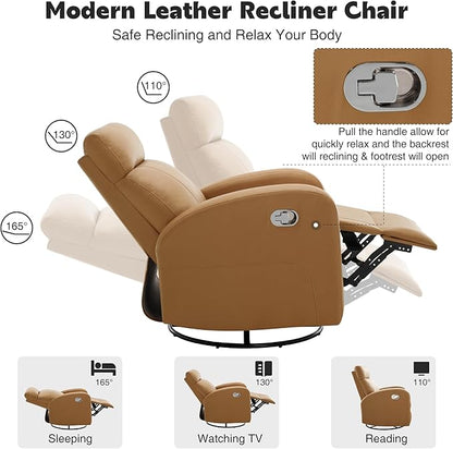 Swivel Rocker Recliner Chair, Manual Leather Recliner, Glider Rocking Recliner Chair 360°Swivel Nursery Reclining Chair for Living Room, Light Brown