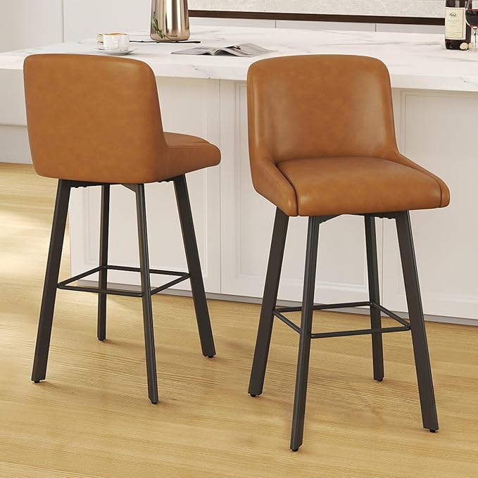 Swivel Counter Height Bar Stools Set of 2, 30''H Upholstered Barstools with Backs, Modern Bar Stool Chairs for Kitchen Island, Metal Legs, Faux Leather, Whiskey Brown Stools Counter Chair