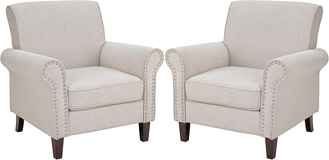 PrimeZone Comfy Accent Chair Set of 2, Mid-Century Modern Fabric Living Room Chair Reading Chair with Soft Cushion, Nailhead Trim & Rolled Armrest, Arm Chair Sofa Chair for Bedroom Waiting Room,Beige
