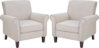 PrimeZone Comfy Accent Chair Set of 2, Mid-Century Modern Fabric Living Room Chair Reading Chair with Soft Cushion, Nailhead Trim & Rolled Armrest, Arm Chair Sofa Chair for Bedroom Waiting Room,Beige